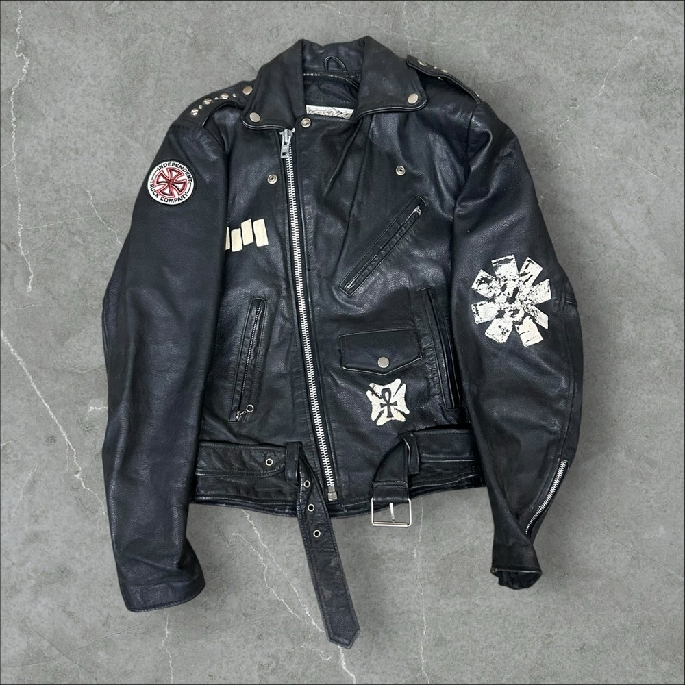 Vintage Open Road Leather Jacket Mens 36 Black Flag 90s Punk‎ RHCP Battle Vest